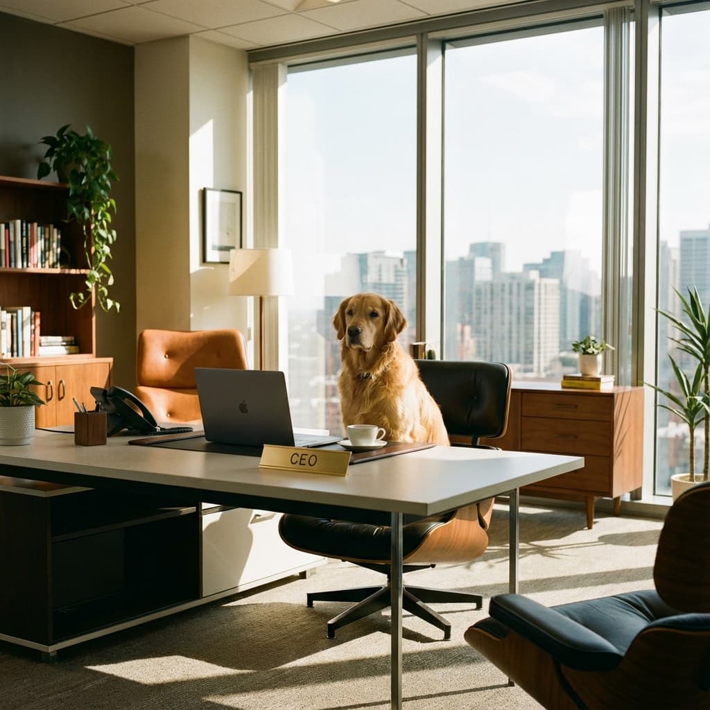 Very serious business meeting with a dog