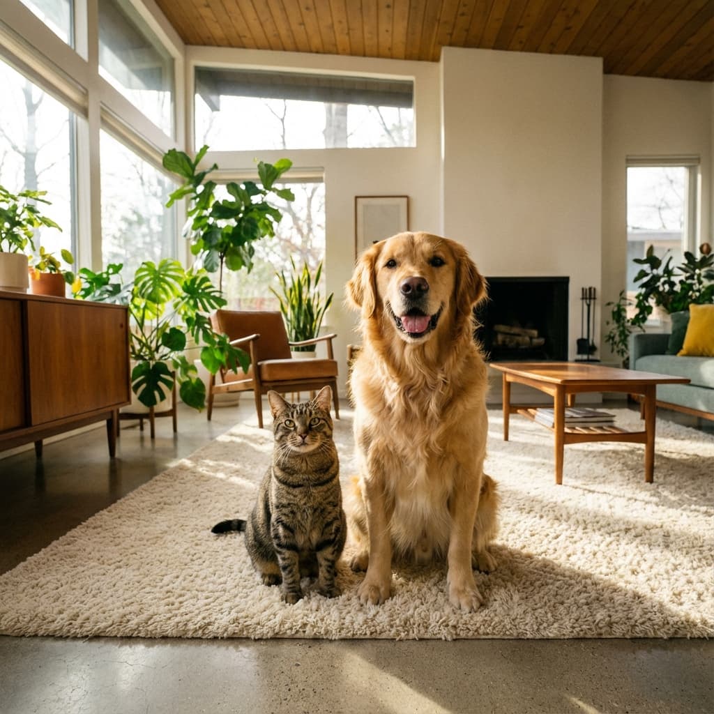 Happy dog and cat in a modern living room